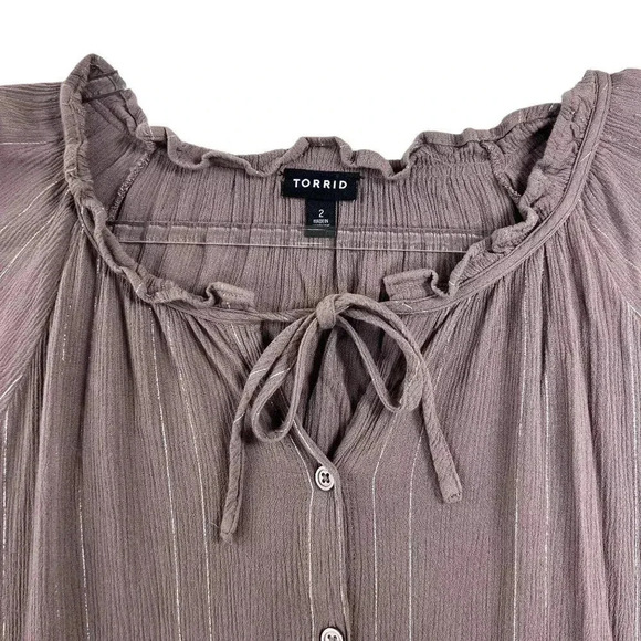 Torrid 2 Crinkle Gauze Lurex Peasant Blouse Top Shirt Purple Hippy Minimalistic - Picture 3 of 10